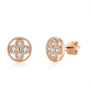 Real Diamond Floral Round Stud Earrings Fine Jewelry Rose Gold